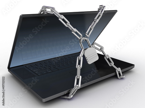 Illustration: Laptop with chains and lock on white isolated background. 3d Laptop with chains and lock on white isolated background. 3d