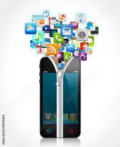 Illustration: Open smartphone with application icons Open smartphone with application icons