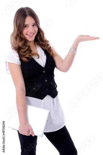 Photo: Pretty brunette teen girl with showing hand Pretty brunette teen girl with showing hand