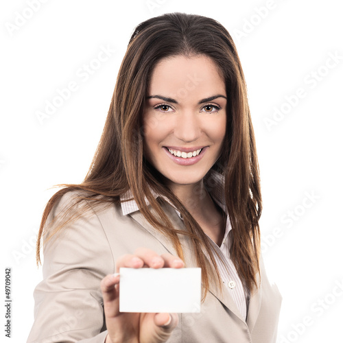 Photo: business woman holding a blank business card business woman holding a blank business card