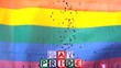 Rainbow flag moving  with gay pride blocks and confetti falling