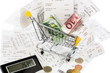 Einkaufswagen, Kassenbons und Geld