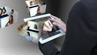 Businesswoman using tablet to view montage of lifestyle clips