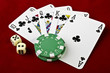 Photo: Playing cards (Royal flush), casino chips and dices Playing cards (Royal flush), casino chips and dices