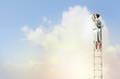 Businesswoman standing on ladder