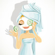 Vector: Cute girl in a cosmetic mask pack puts cucumbers on eyes Cute girl in a cosmetic mask pack puts cucumbers on eyes