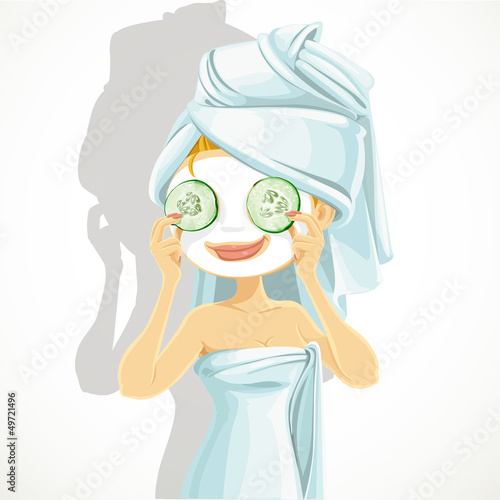 Vector: Girl in a natural cosmetic mask pack puts cucumbers on eyes Girl in a natural cosmetic mask pack puts cucumbers on eyes