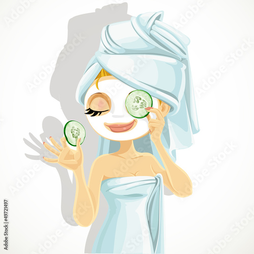 Vector: Cute girl in a cosmetic mask pack puts cucumbers on eyes Cute girl in a cosmetic mask pack puts cucumbers on eyes