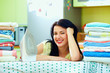 happy housewife completed ironing, home interior