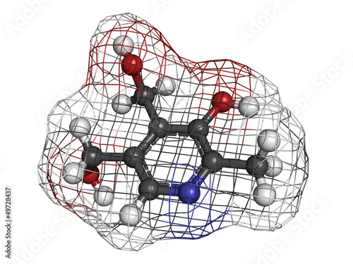 Illustration: Vitamin B6 (pyridoxine) molecule Vitamin B6 (pyridoxine) molecule