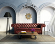 White luxury living room with leather sofa, rug, mirror,