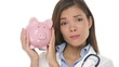 Sad doctor holding piggy bank, health care concept