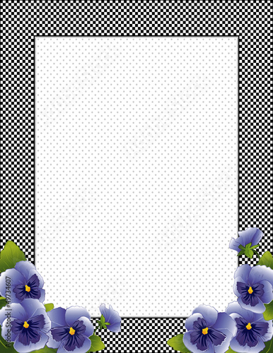Illustration: Gingham Frame. Pansy Flowers, polka dot background, copy space Gingham Frame. Pansy Flowers, polka dot background, copy space