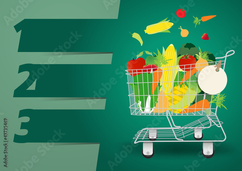 Vector: Design template Shopping cart with fruits and vegetables Design template Shopping cart with fruits and vegetables