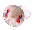 Asian conical hat with pink tie, isolated on white.