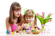mother and daughter kid painting easter eggs isolated