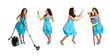 Photos of young cleaning woman