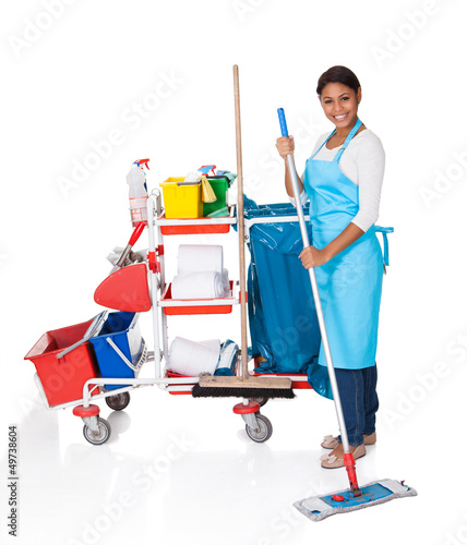 Photo: Female Cleaner With Cleaning Equipment Female Cleaner With Cleaning Equipment