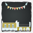 Greeting card with cartoon Paris roofs, birds and bunting flags