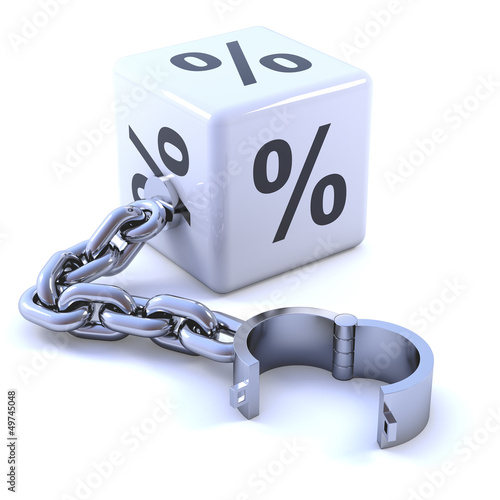 Illustration: White dice with percent symbol and chain White dice with percent symbol and chain