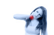 Beautifull woman  holding her neck because of pain isolated