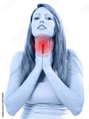 Photo: Pretty young woman sore throat isolated on white background Pretty young woman sore throat isolated on white background