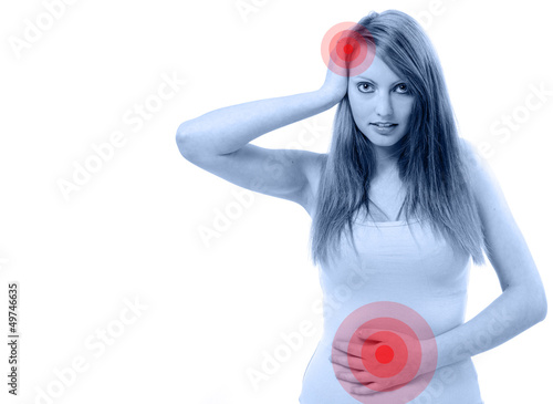 Photo: beautiful young woman stomachache on white background beautiful young woman stomachache on white background