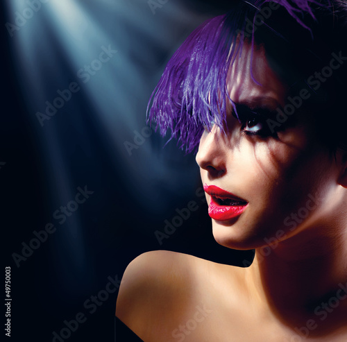 Photo: Fashion Art Girl Portrait With Violet Hair. Hairstyle Fashion Art Girl Portrait With Violet Hair. Hairstyle