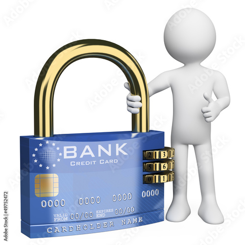 Illustration: 3D white people. Secure credit card 3D white people. Secure credit card