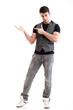 Full length portrait school boy show demonstrate isolated