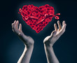 Foto: Heart from flowers roses keep men's hands. Heart from flowers roses keep men's hands.