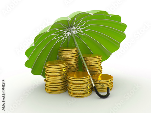 Illustration: Stacks of golden coins covered by Green umbrella Stacks of golden coins covered by Green umbrella