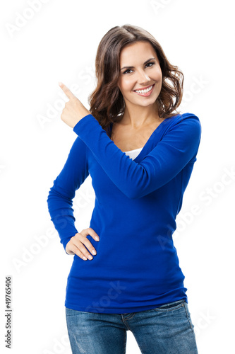 Photo: Beautiful young woman showing, on white Beautiful young woman showing, on white