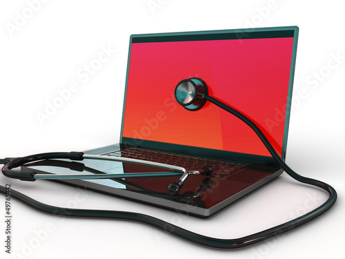 Illustration: Service for laptop repair. Laptop with stethoscope. 3d Service for laptop repair. Laptop with stethoscope. 3d