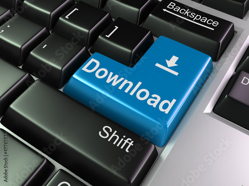 Illustration: Blue download keyboard button close-up Blue download keyboard button close-up