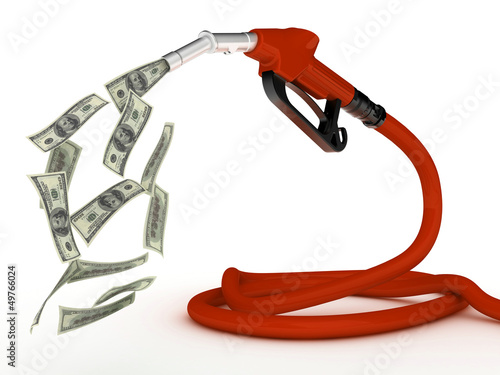 Illustration: Gas pump nozzle and dollar on white background. 3d Gas pump nozzle and dollar on white background. 3d