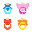 set of colorful dummy (or pacifier) on white.
