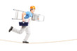 Full length portrait of a repairman running on a rope with a lad