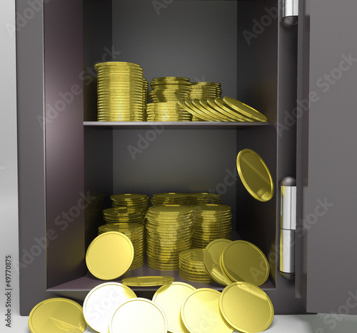 Illustration: Open Safe With Coins Showing Treasure Protection Open Safe With Coins Showing Treasure Protection