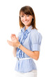 Happy clapping businesswoman, isolated