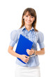 Businesswoman with blue folder, isolated