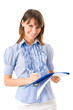 Businesswoman writing on documents, isolated
