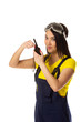 Woman hold cb radio.