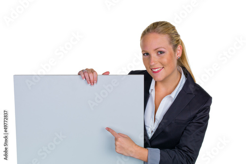 Photo: Frau in Business Kleidung mit Werbetafel Frau in Business Kleidung mit Werbetafel