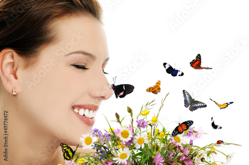 Photo: girl with flowers and butterflies girl with flowers and butterflies