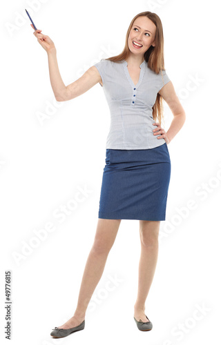 Photo: Young businesswoman pointing up Young businesswoman pointing up