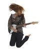 Young rock lady jumping with an electric guitar