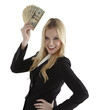 Photo: Confident young businesswoman holding currency notes and smiling Confident young businesswoman holding currency notes and smiling