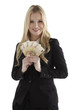 Photo: Confident young businesswoman holding currency notes and smiling Confident young businesswoman holding currency notes and smiling