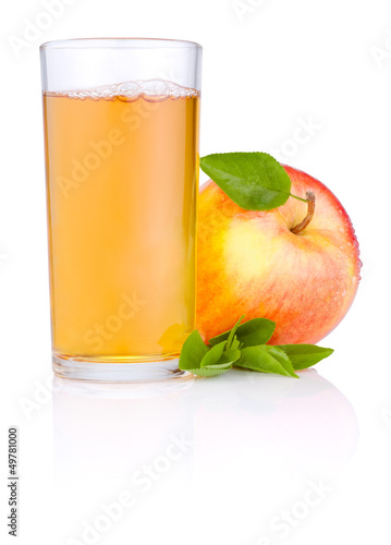 Photo: Apple juice in glass and Red juicy apple with green leaf on whit Apple juice in glass and Red juicy apple with green leaf on whit